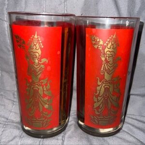 PAIR OF VINTAGE 1960’S CULVER RED & GOLD SIAM THAI GODDESS HIGHBALL BAR GLASSES